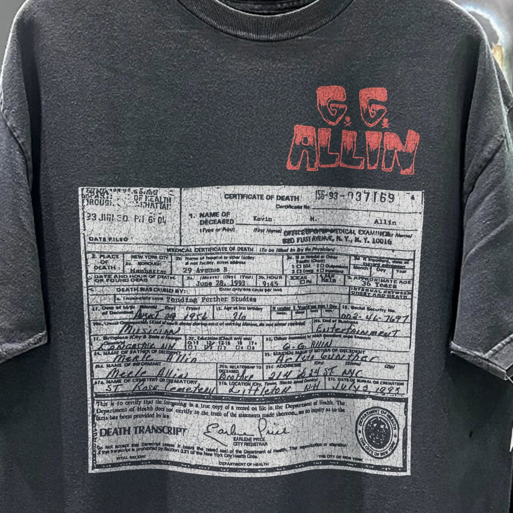 90s GG Allin Death Transcript Aged T-Shirt Black XL