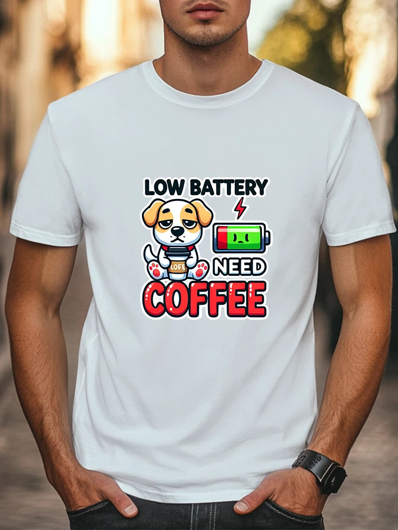 Funny Coffee Lover T-Shirt "Low Battery, Need Coffee" Men Women Unisex T-Shirt