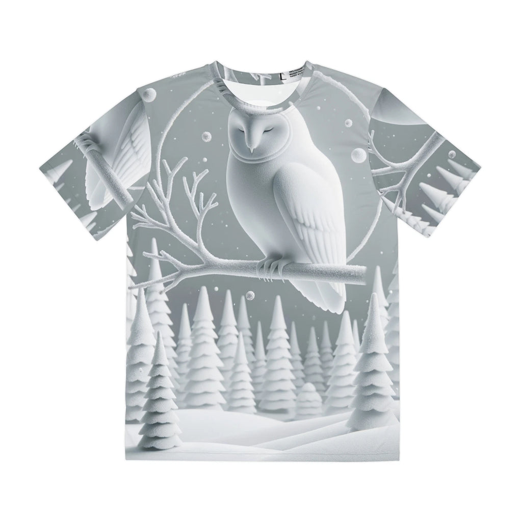 All Over Print T Shirt Minimalist Owl in Snowy Pine Forest