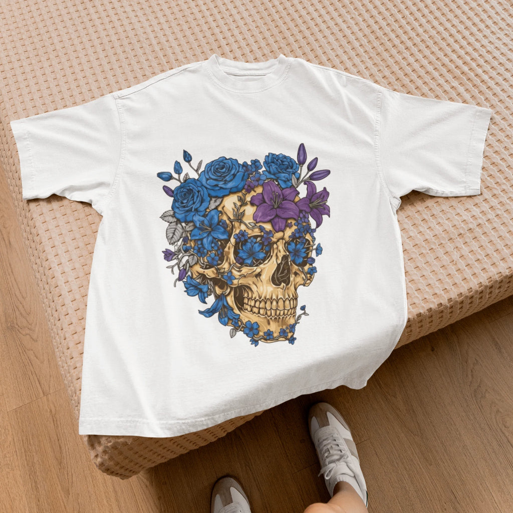 Floral Skull T-Shirt Red Pink Flowers Skull Graphic Tee Boho Gothic Shirt