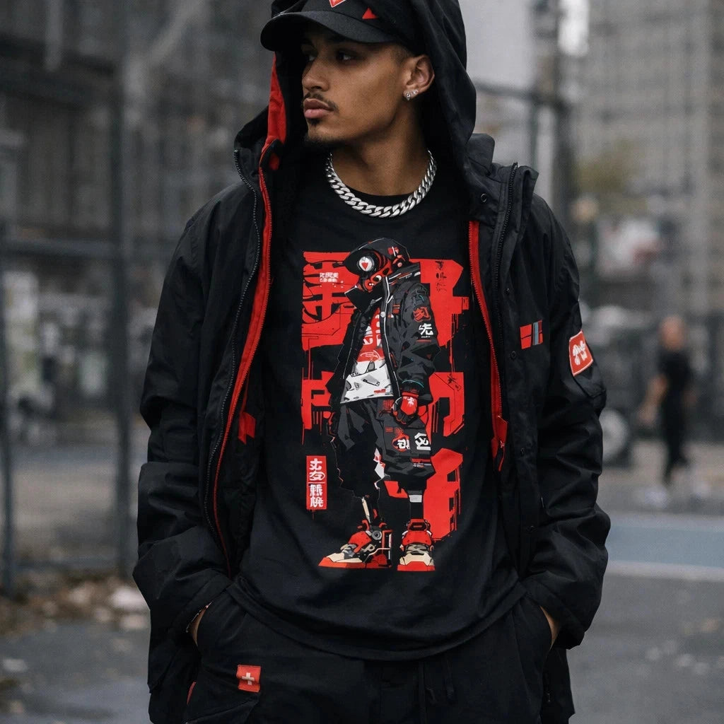 Unisex Cyberpunk Graphic tshirt Streetwear Japanese Anime Style Urban Black Tee