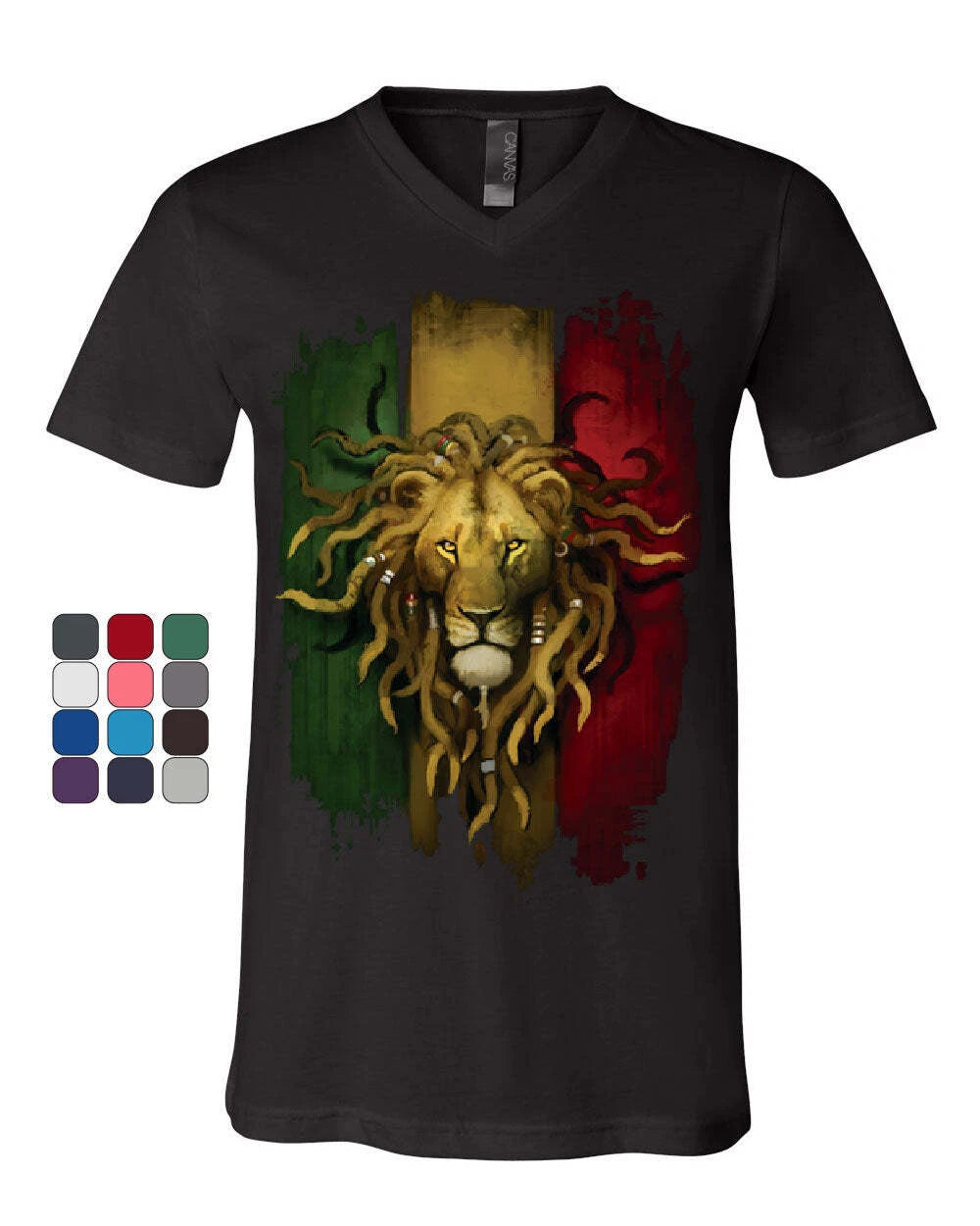 Rasta Lion V-Neck T-Shirt Jah Jamaica Reggae Marijuana 420 Weed Zion Tee