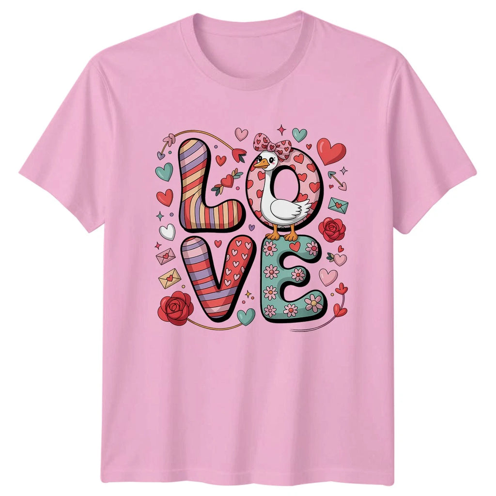 Cute Cartoon Goose In Love Heart Womens T-Shirt Kawaii Doodle Valentines