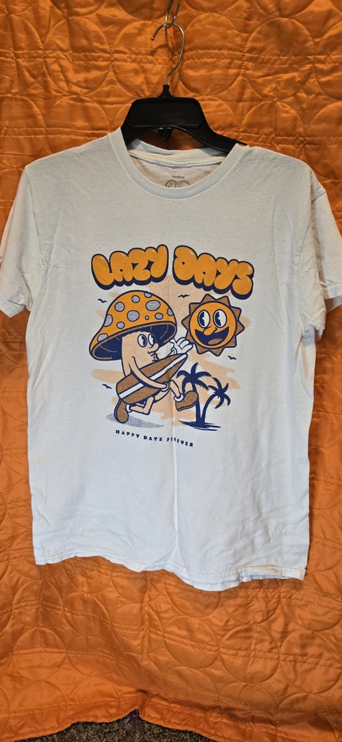 12oz Soda Mens T-Shirt Medium 'Lazy Days' Mushroom Sun Beach Surf White