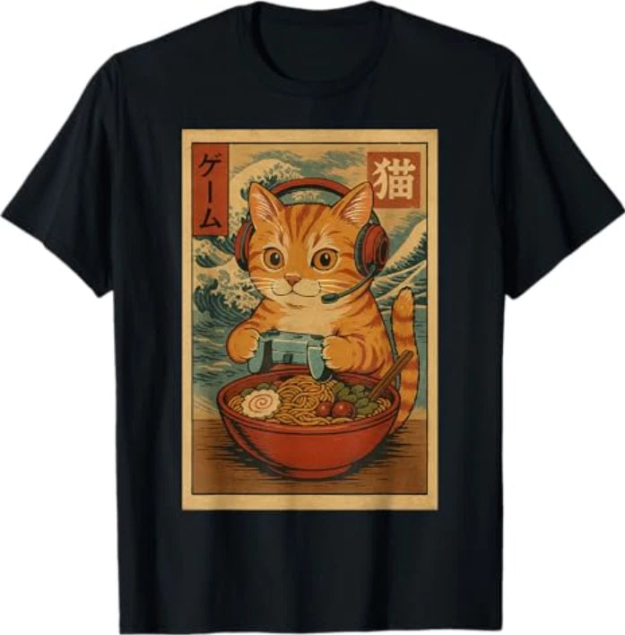 Kawaii Anime Gamer Cat Ramen Retro Japanese Gaming Funny T-Shirt