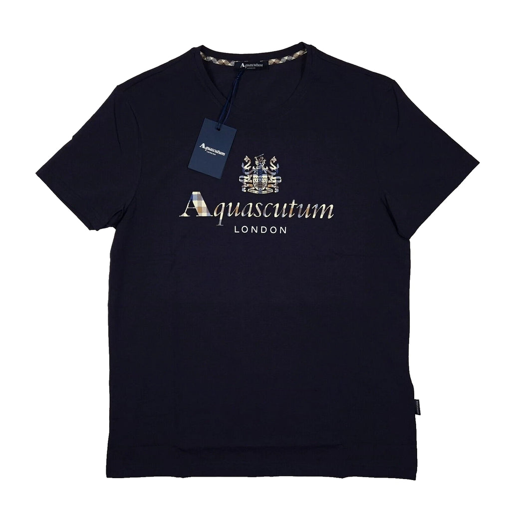 Aquascutum XL Navy Blue Signature Check Logo T-shirt Men's Crew Neck Slim Fit