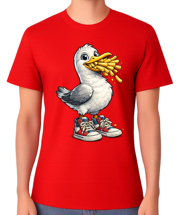 Funny Seagull Eating Fries Cartoon Graphic T-Shirt Foodie Unisex Tee