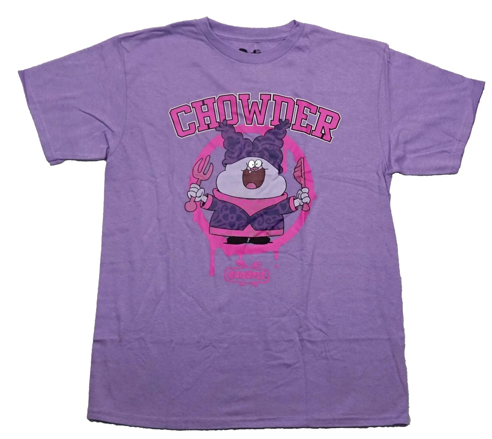 Chowder New Adult T-Shirt - Holding Utensils In Dripping Pink Circle