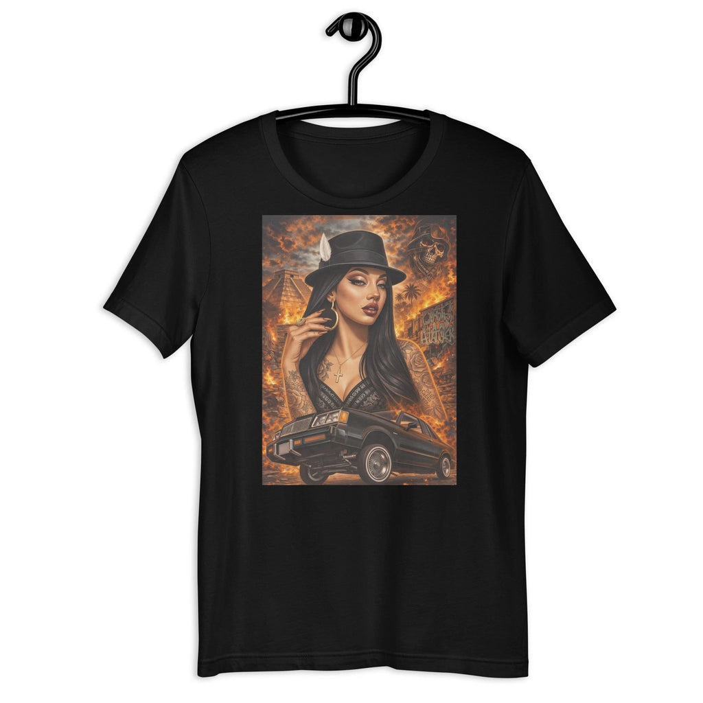 Chicana Lowrider Girl Aztec Fire Skull Street Art T-Shirt Graphic Design!