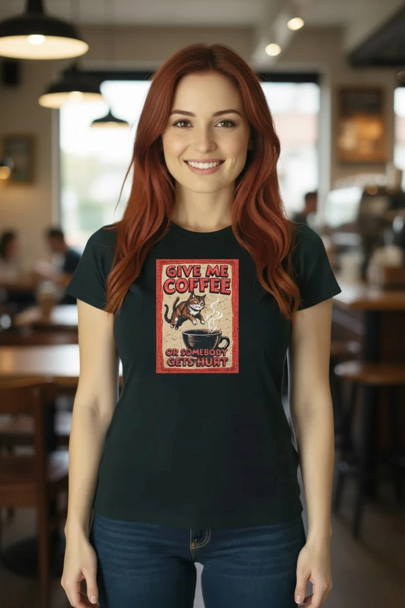 Give Me Coffee or Somebody Gets Hurt Tee, Hilarious Cat and Coffee Graphic Shirt