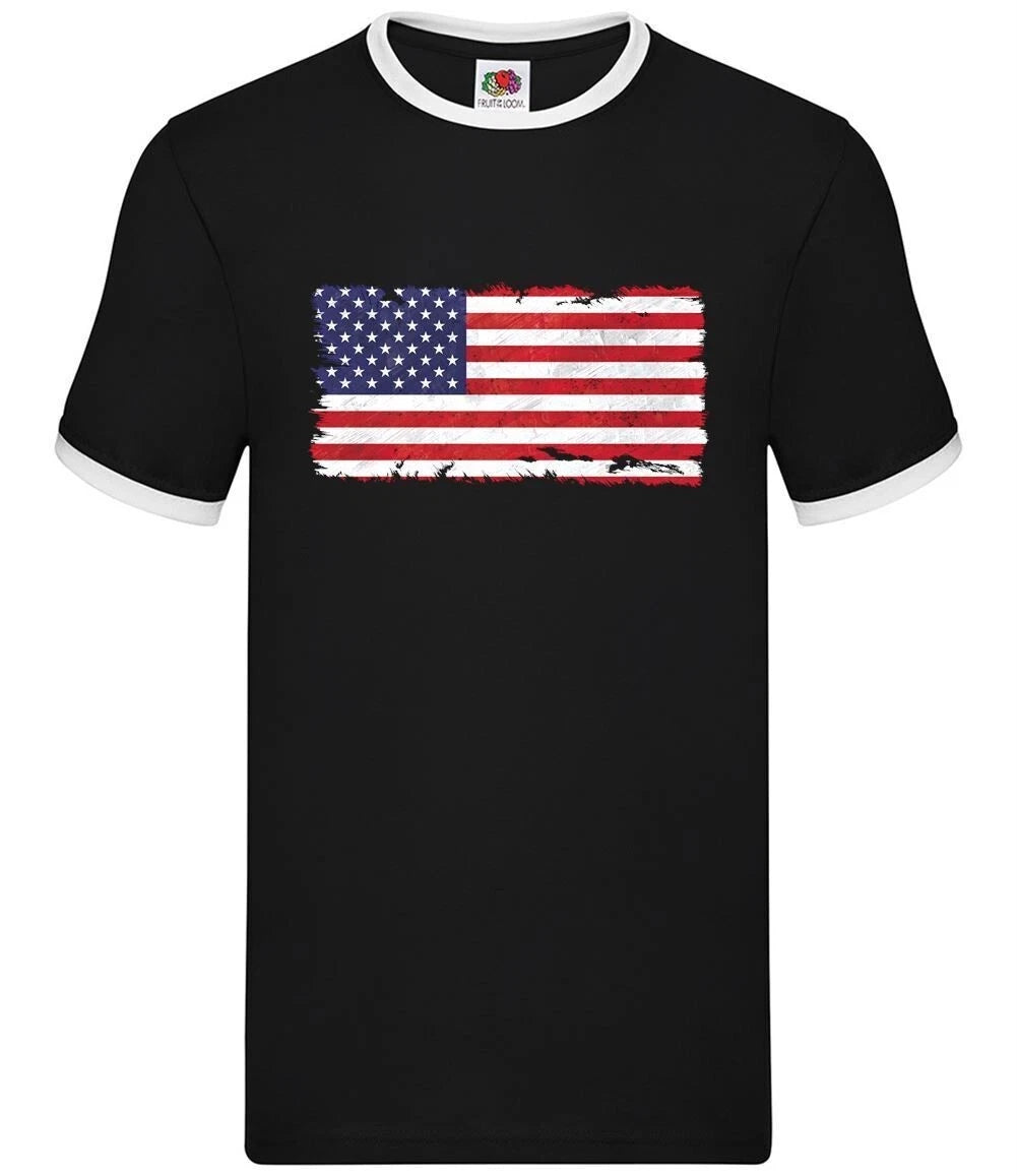 USA Grunge Flag Herren Ringinger T-Shirt Regular Fit Crew Neck 100% Baumwolle