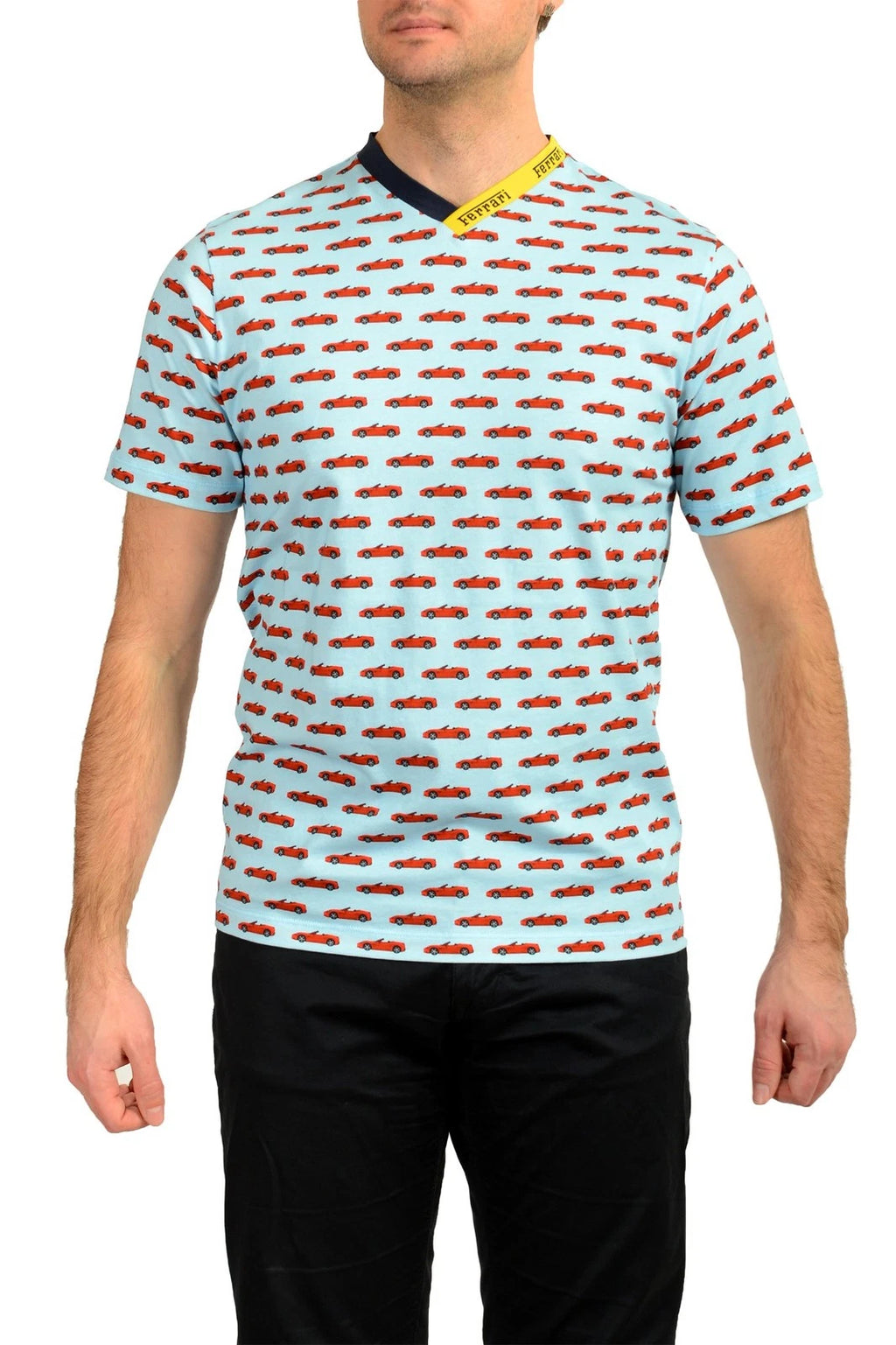 Scuderia Ferrari Men "Allover" Logo V-Neck Short Sleeve T-Shirt US S IT 48