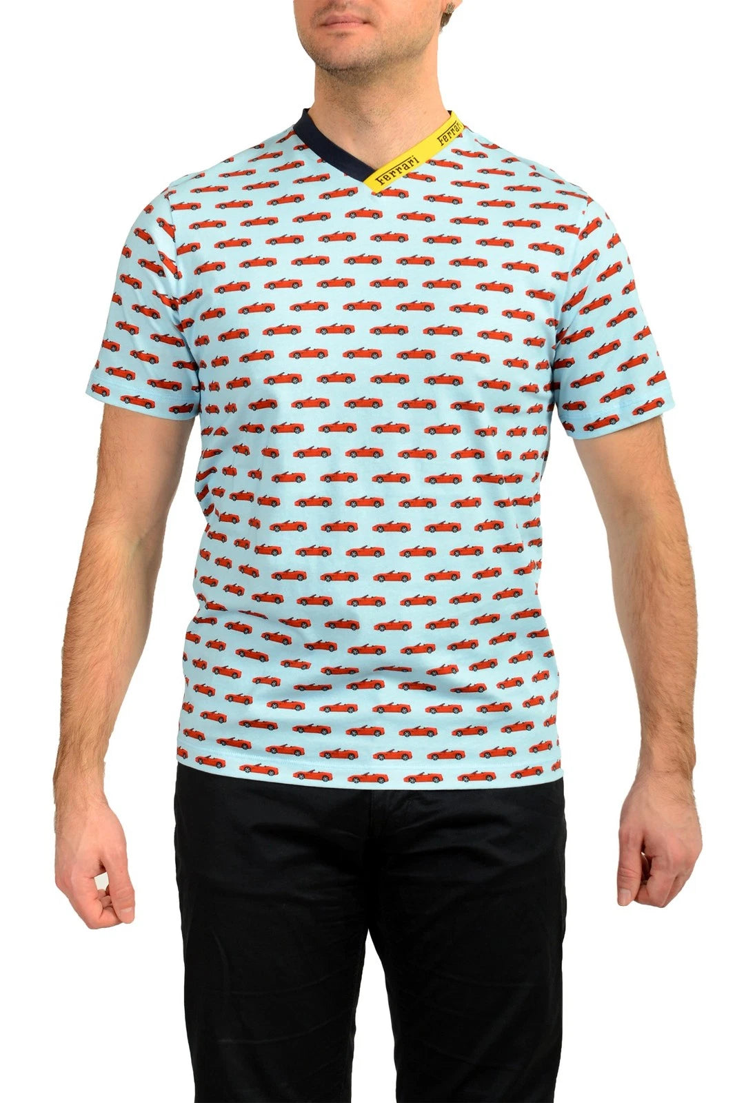 Scuderia Ferrari Men "Allover" Logo V-Neck Short Sleeve T-Shirt US S IT 48