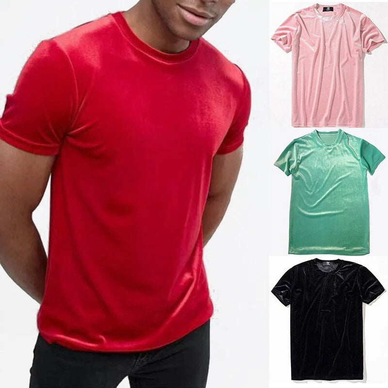 Men Women Velvet Short Sleeve T-Shirt Crew Neck Velour Top Tee Shirt Retro Basic