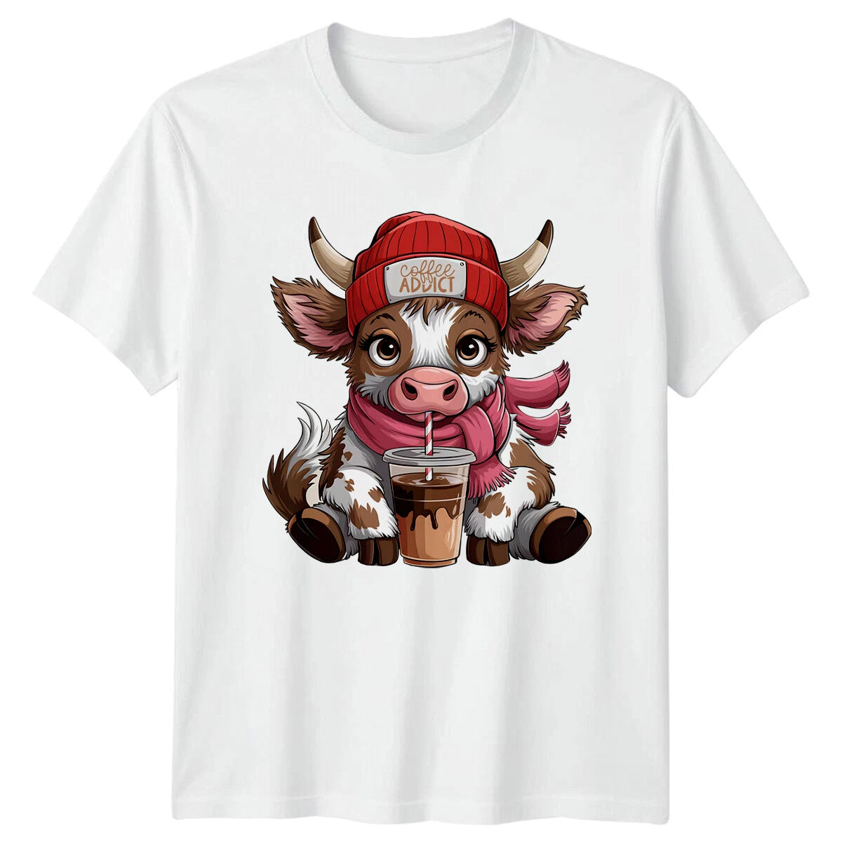 Coffee Addict Cow T-Shirt, Cute Cartoon Animal Pun Tee
