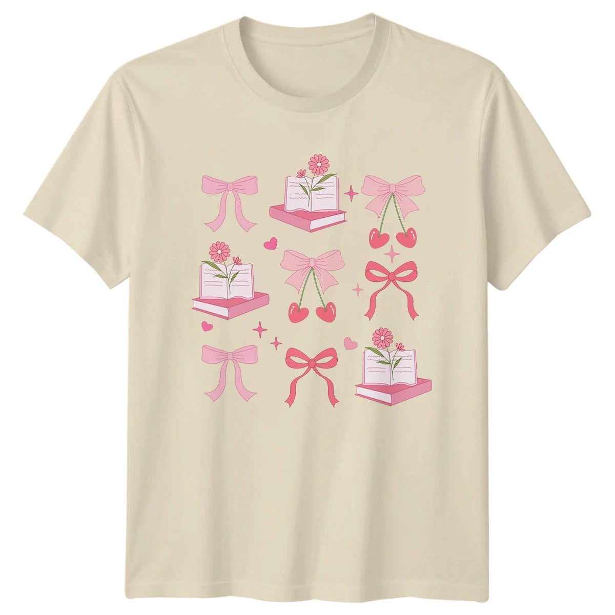 Pink Bows Books Flowers Cherries Womens T-Shirt Coquette Aesthetic Fashion