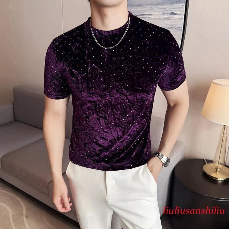 New Mens Luxury Velvet Fashion Hot Stamping T-Shirt Casual Short Sleeve Tops Hot