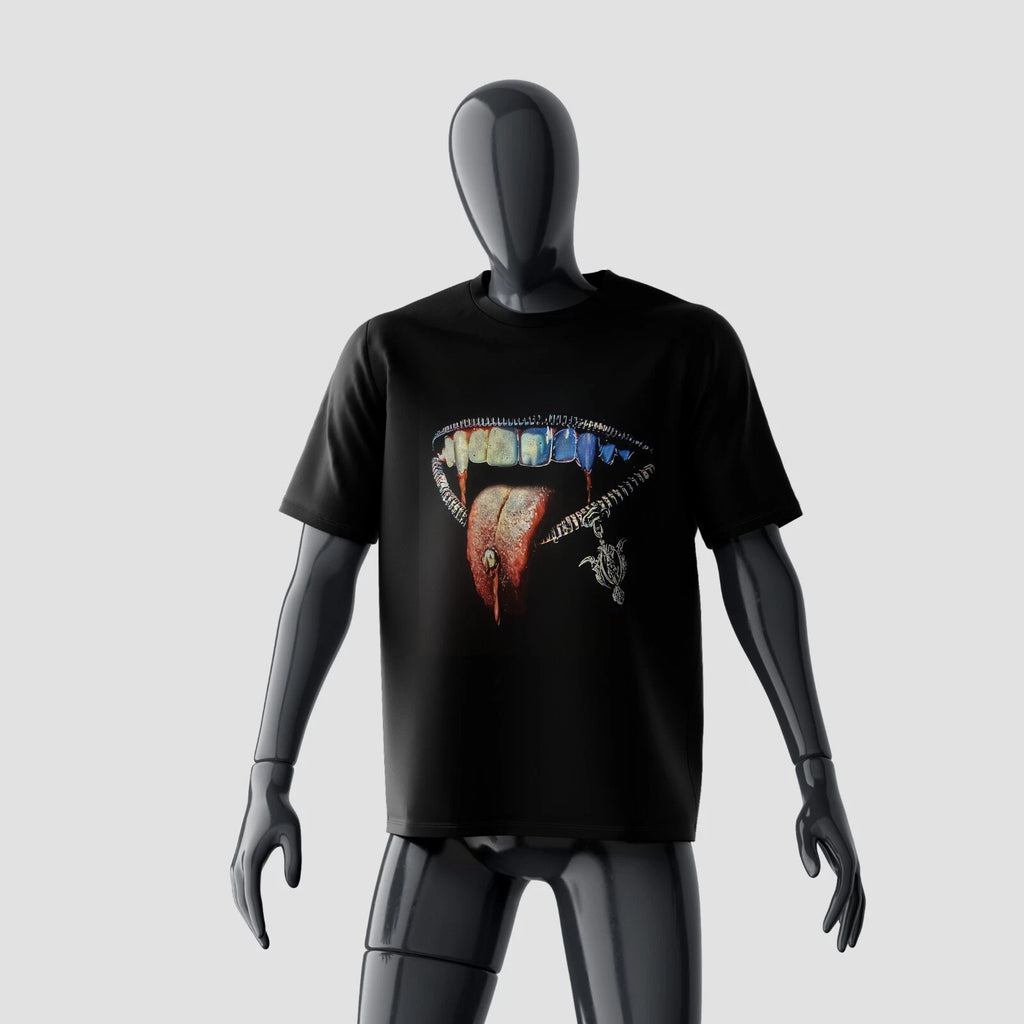 Gothic Vampire Bite T-Shirt – Dark Aesthetic Fangs & Pierced Tongue Print