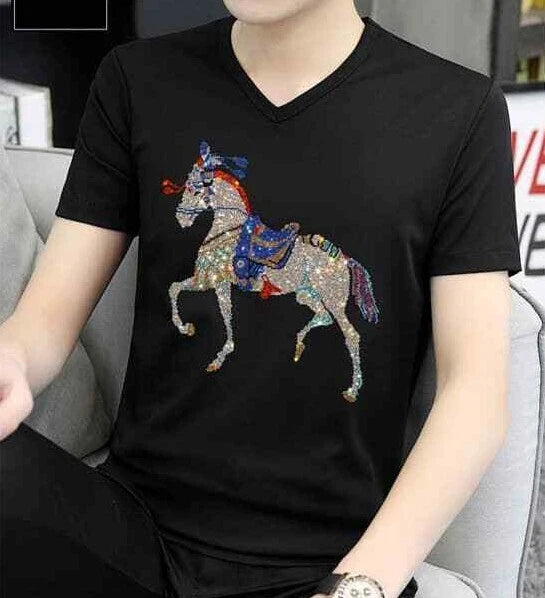 New Men Luxury V-Neck Horse Rhinestones Fashion Black T-Shirt High Quality