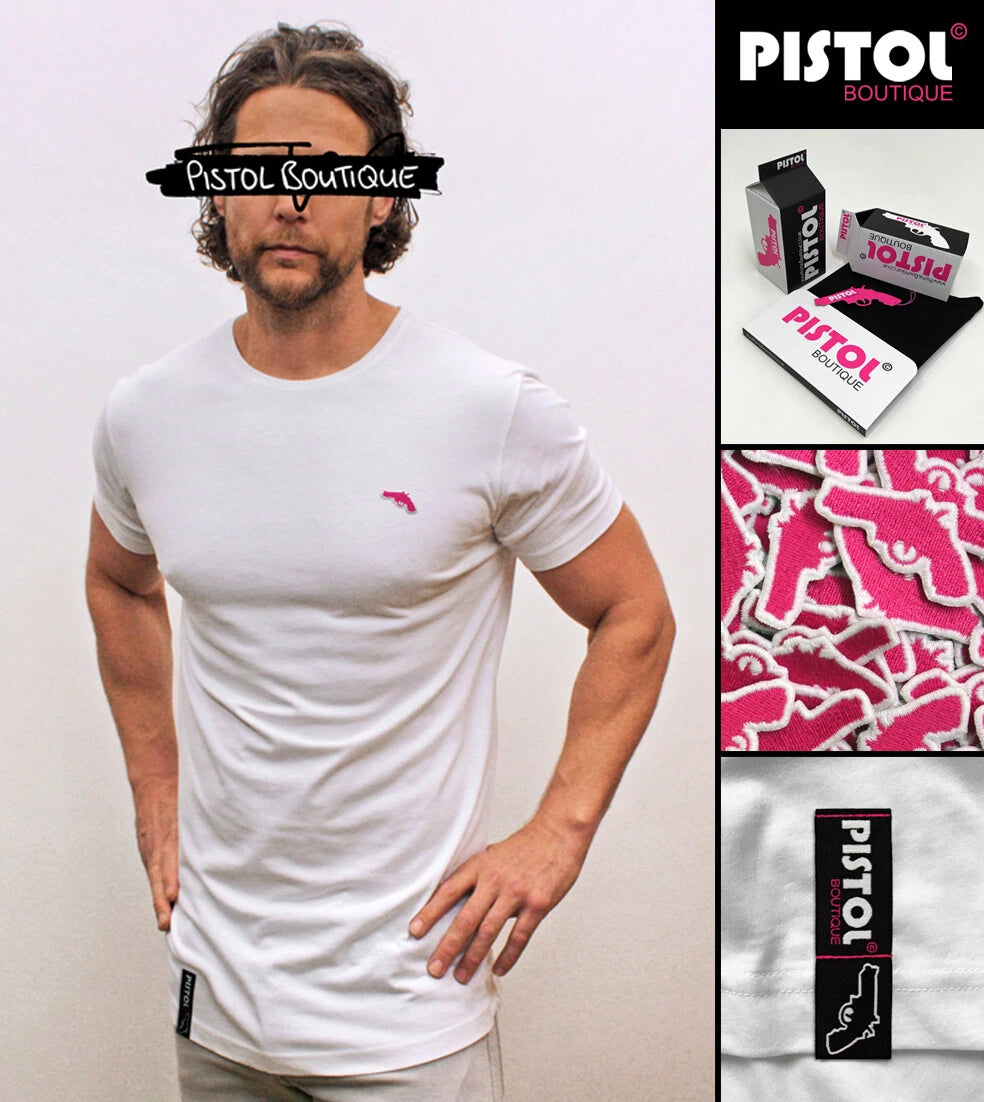 Pistol Boutique Men's White Long Line Plain Crew Neck Chest Logo Badge T-shirt