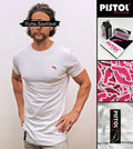 Pistol Boutique Men's White Long Line Plain Crew Neck Chest Logo Badge T-shirt
