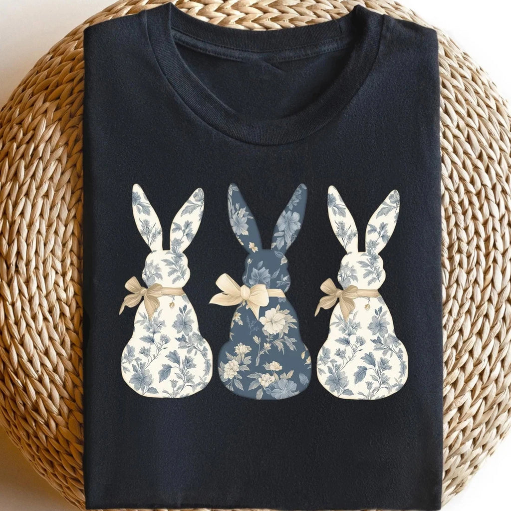 Floral Blue Bunny T-shirt, Cute Easter Coquette Bow Shirt, Trendy Bunny
