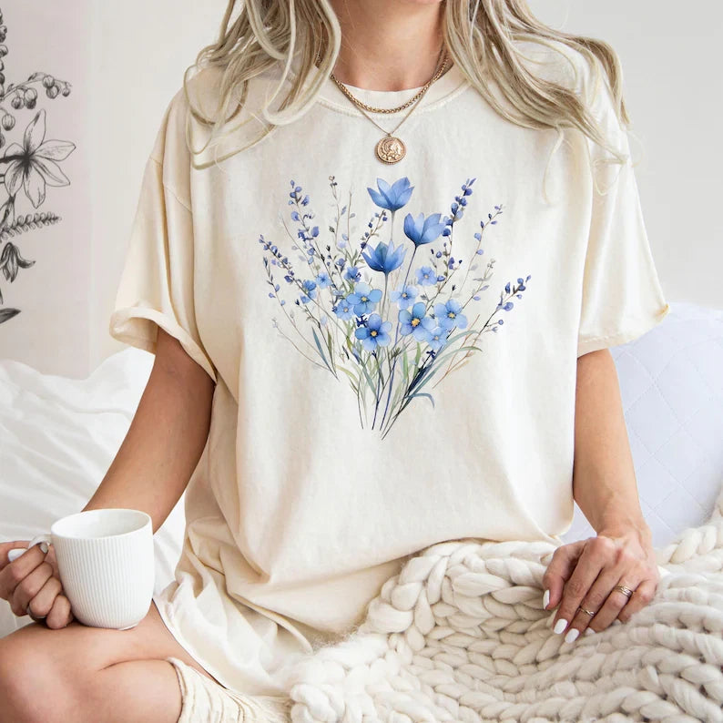 Blue Flower Bouquet Aesthetic Floral Spring Graphic T shirt