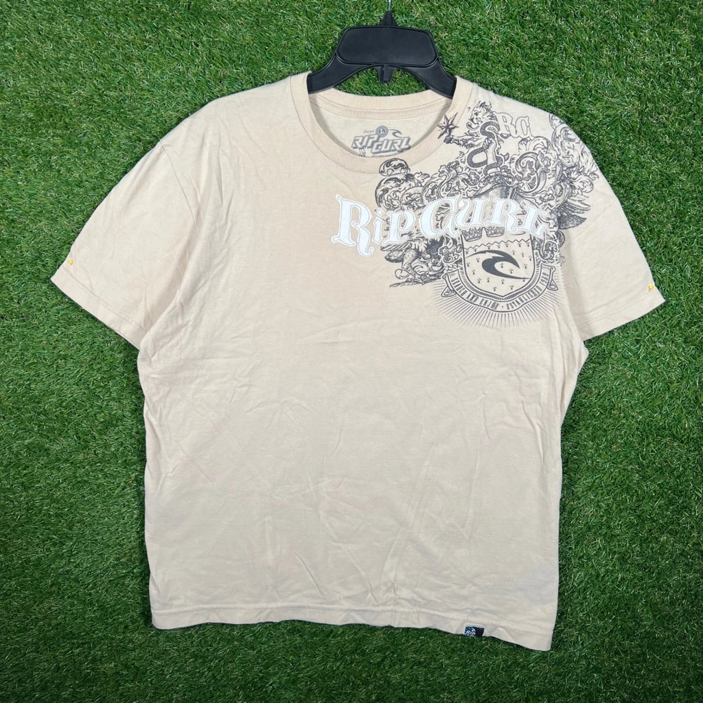 Rip Curl Mens Large Tan Graphic T-Shirt Surf Skate Crest Logo 100% Cotton Y2K