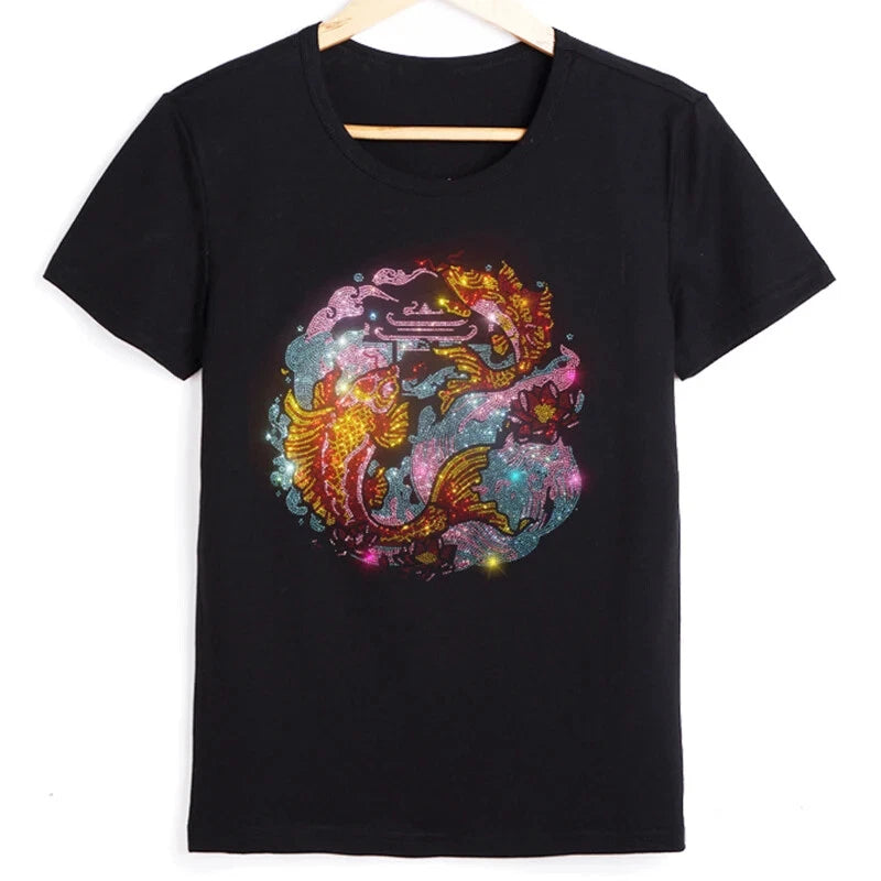 New Fashion Diamond Fish Rhinestones Short Sleeve Luxury Men Black T-Shirt