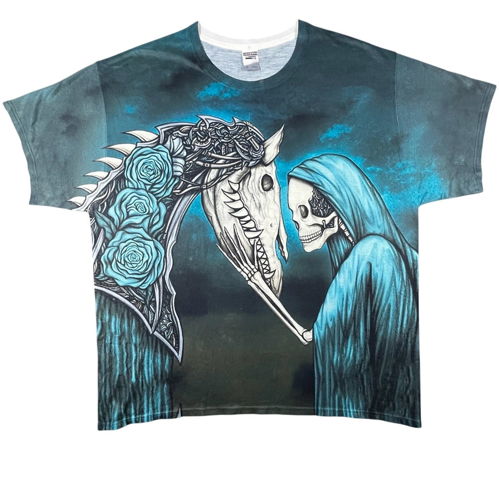 Grim Reaper Skeleton Horse All Over Graphic T XL Sick Front Back Hit Y2K Gothic