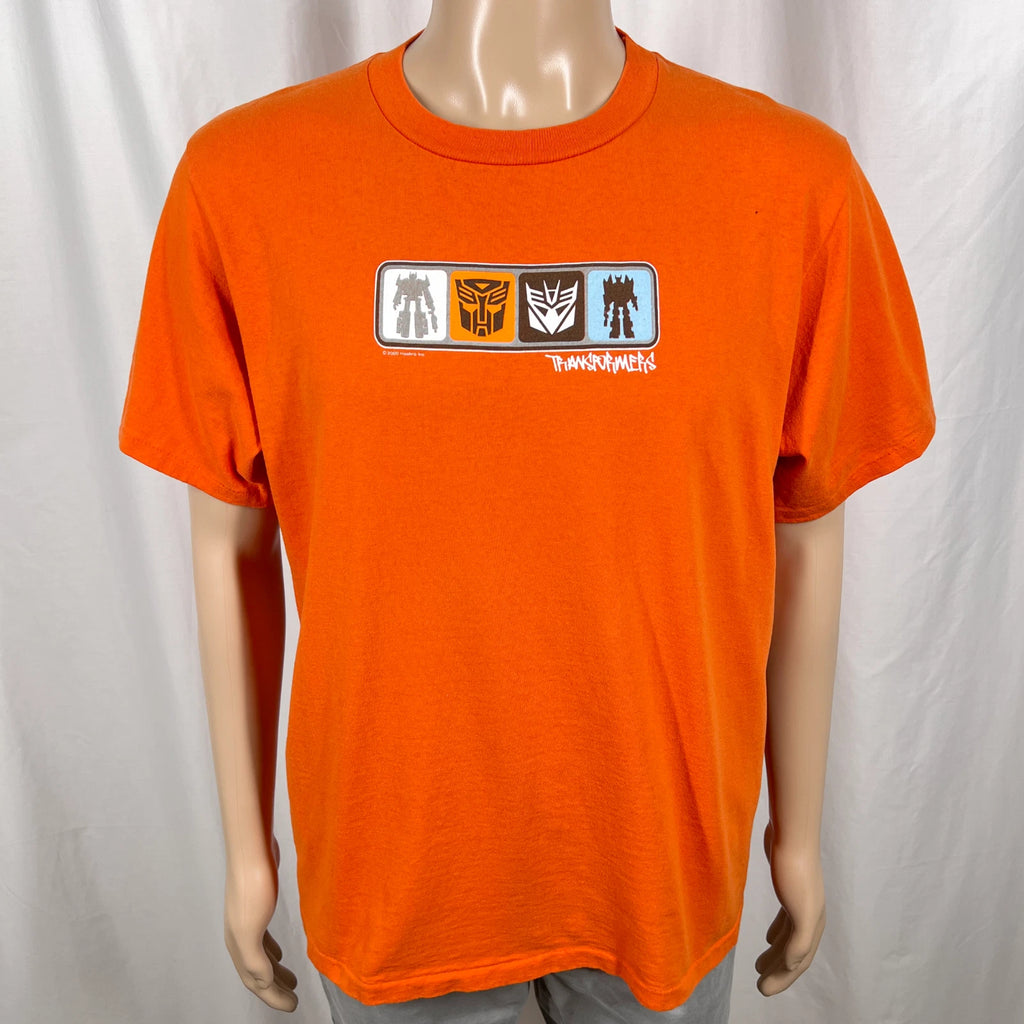 Vintage Y2K Transformers Men's Large Orange Autobots Decepticons Graphic T-Shirt