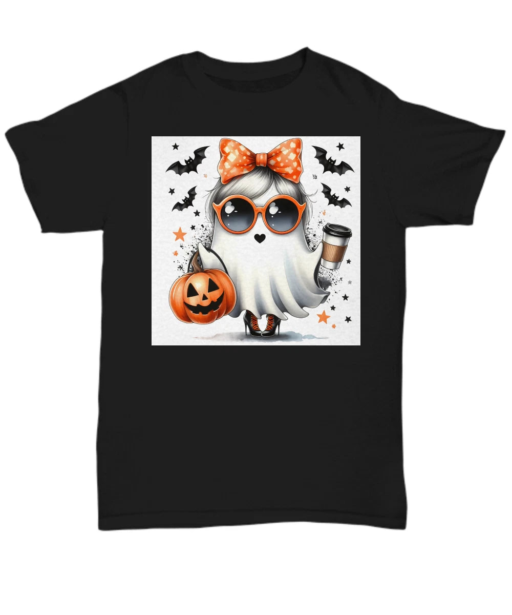Halloween T-Shirt, Adorable Girl Ghost Tee, Bats, Pumpkin and Coffee Shirt  - Un