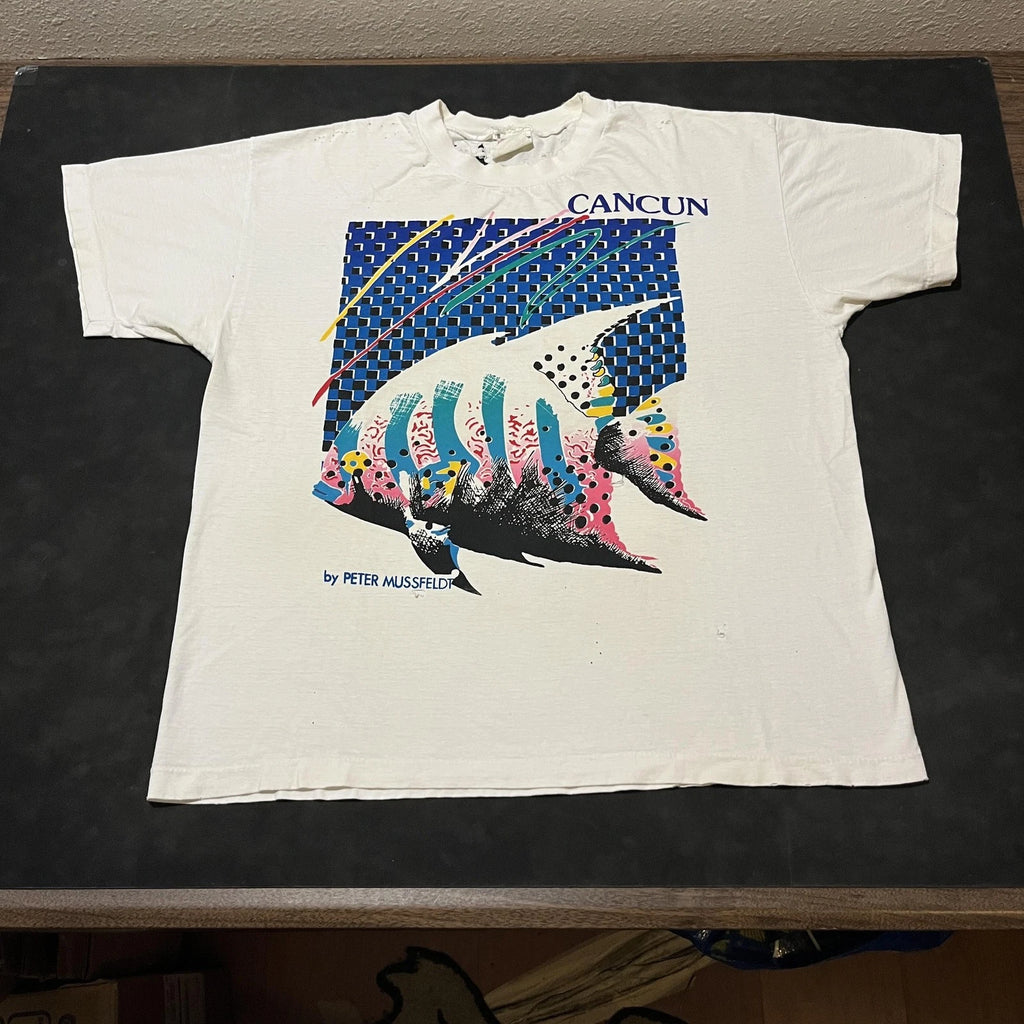 Peter Mussfeldt Vintage Cancun Shirt Pop Art Fish Graphic Trashed Distressed 80s