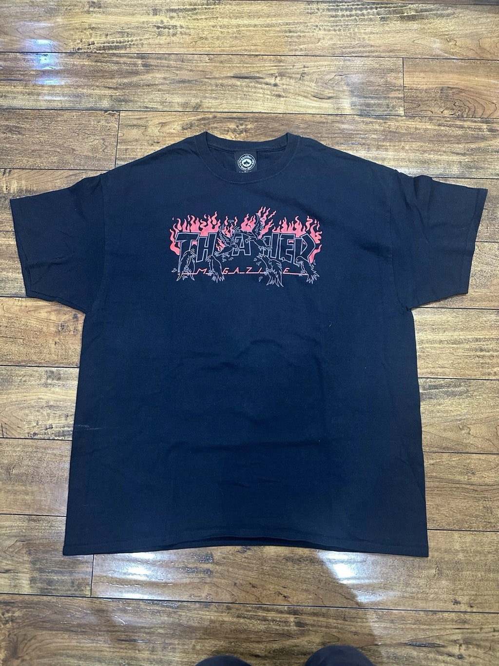 Y2K Thrasher Magazine T-Shirt Mens XL Crows Logo Black Flames Skate Graphic Tee