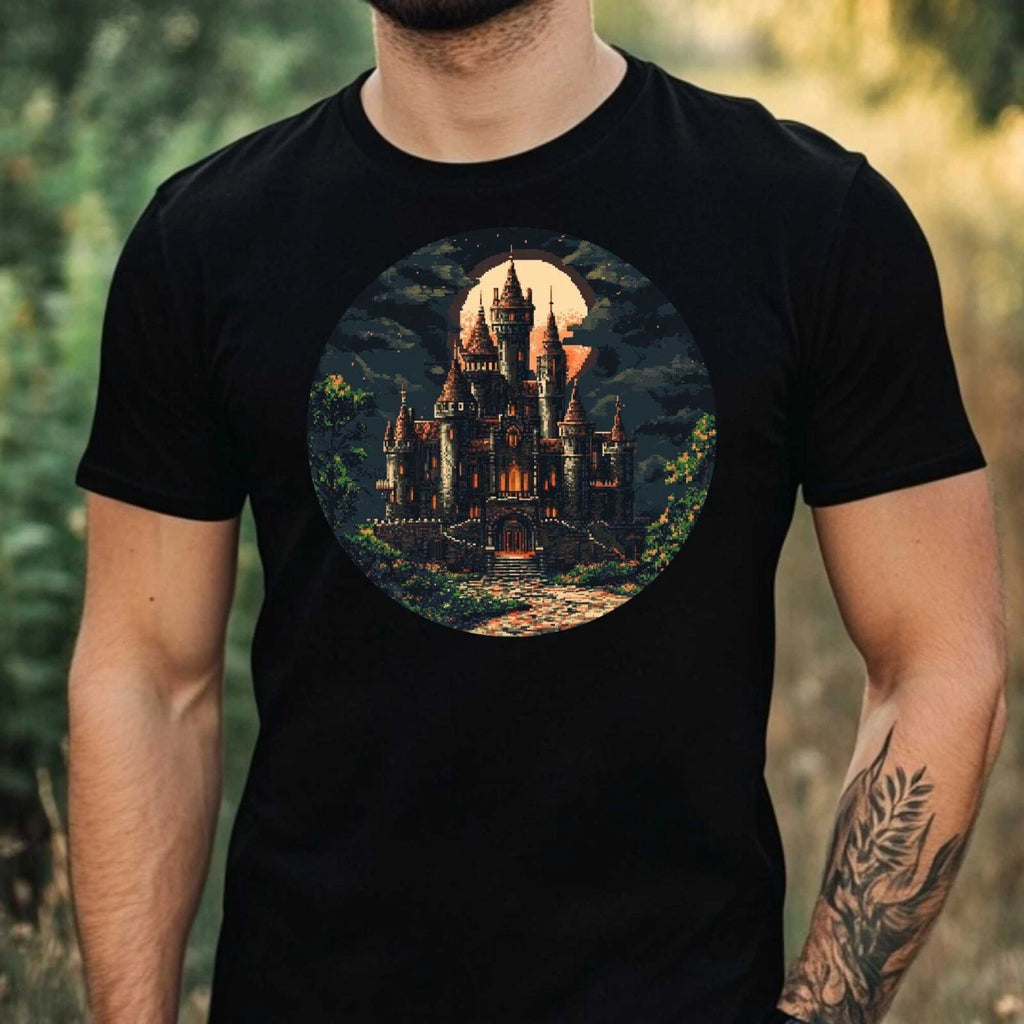 Mens Castle Pixel Art Motif Cotton T-Shirt Size XS to 5XL