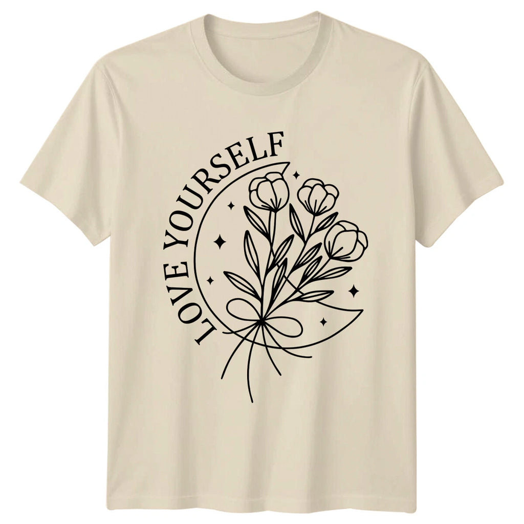 Love Yourself Moon Floral Boho T-Shirt Womens Graphic Top