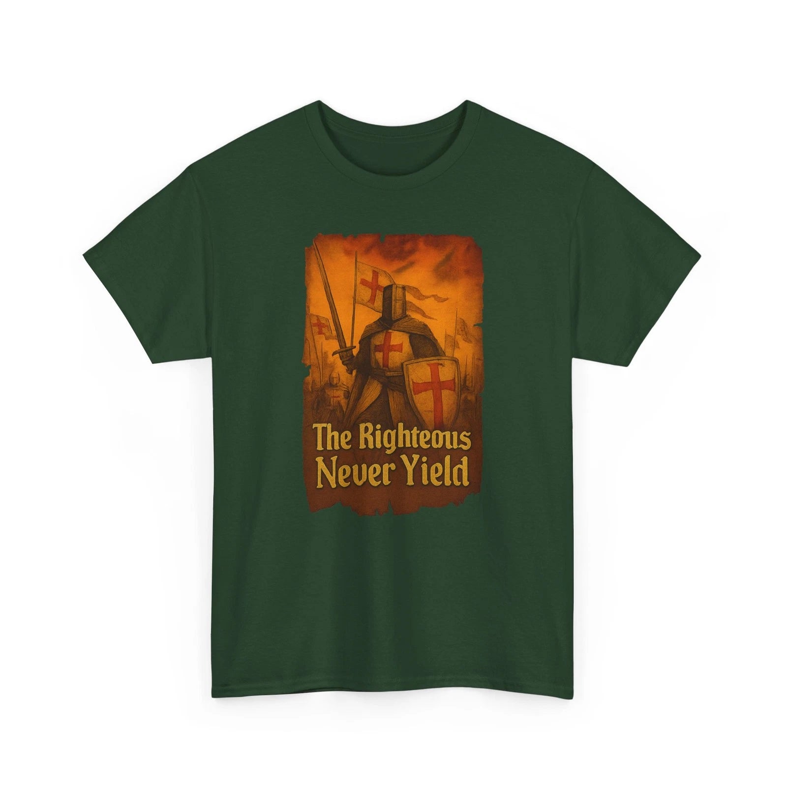 The Righteous Never Yield in bold medieval font - Unisex Heavy Cotton Tee