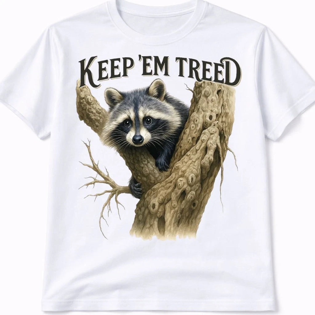 Keep Them Treed Racoon Graphic T Shirt Trendy Western Style Tee Mens Gift White