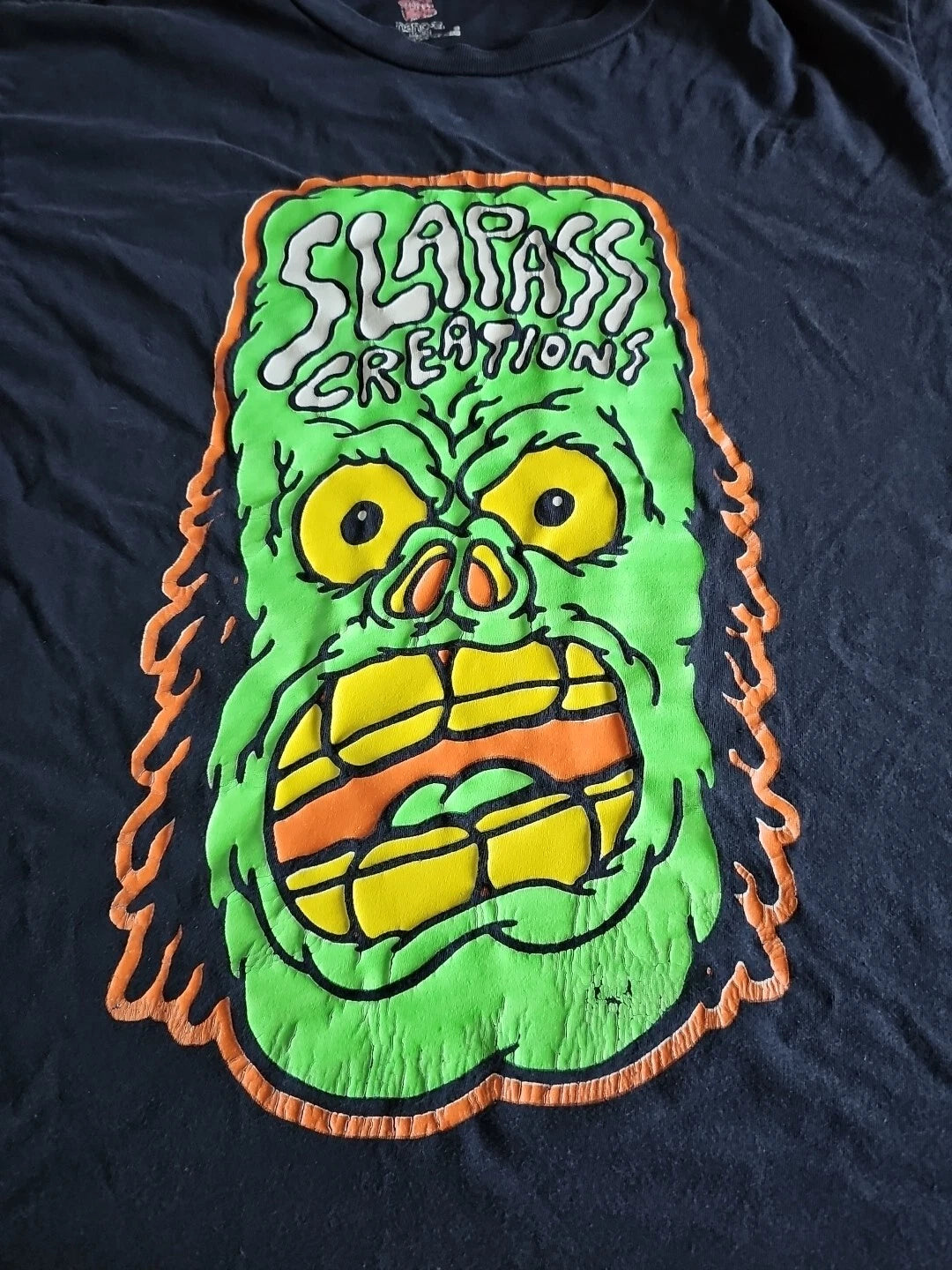 Slapass Creations Monster Face T-Shirt AOP Y2K Sz M Black Distressed Faded