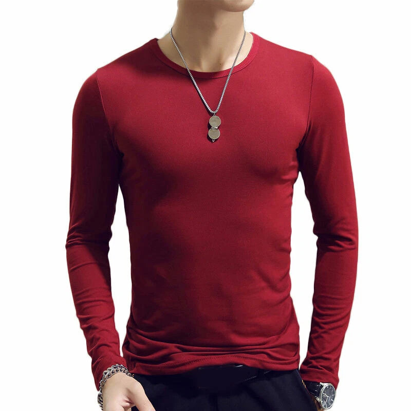 Men's Slim O-Neck Long Sleeve Tops Muscle Basic Tee T-shirt Casual Tops Cott 」