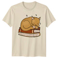 Sleeping Cat On Books T-Shirt - Cute Kitten Reader Graphic Tee