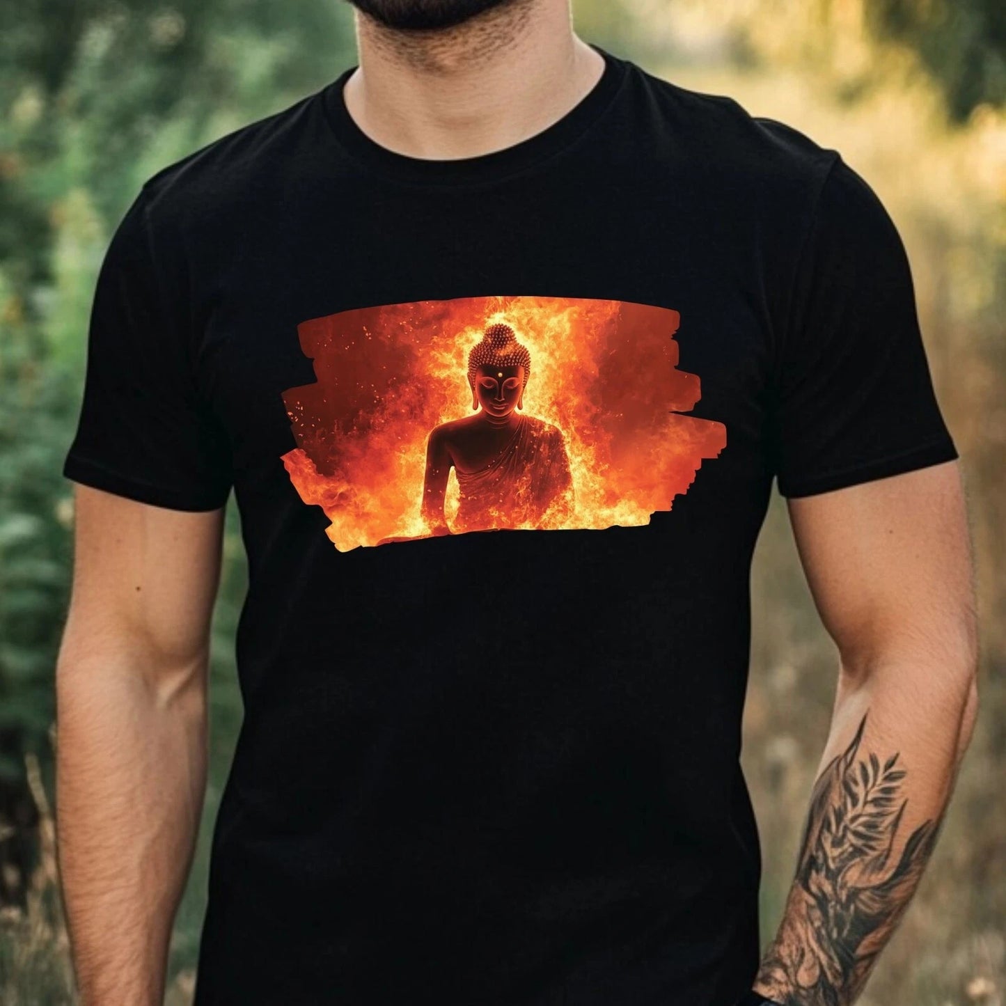 Mens Buddha on Fire Motif Cotton T-Shirt Size XS to 5XL