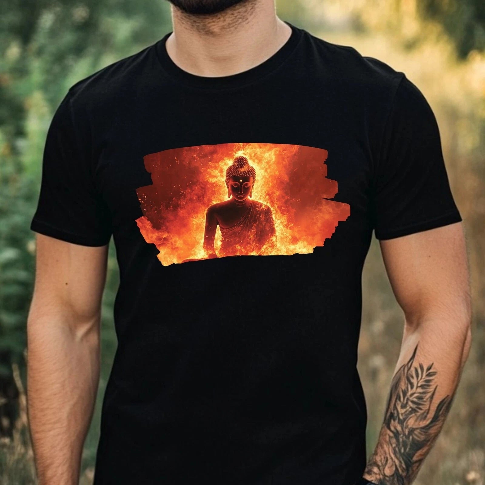 Mens Buddha on Fire Motif Cotton T-Shirt Size XS to 5XL