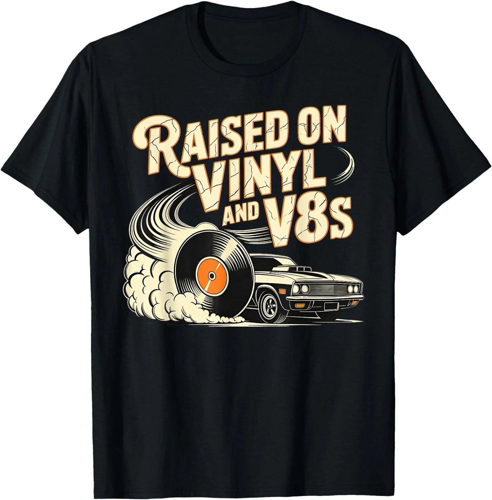 Raised On Vinyl and V8s Retro Car Music Culture T-Shirt
