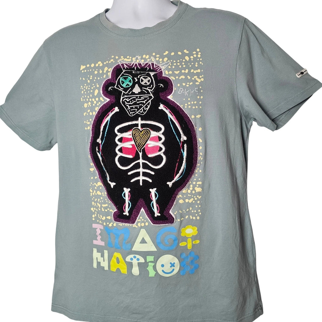 BKYS Graphic T-Shirt Mens Medium Sage Green Imagination Skeleton Chenille Patch