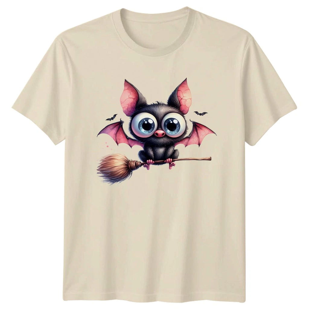 Cute Bat Halloween Flying Broomstick Graphic Unisex Tee