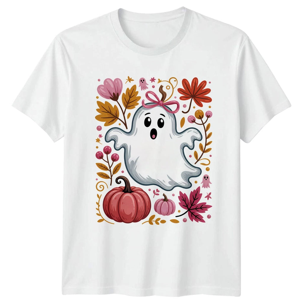 Cute Little Ghost Pink Bow Womens T-Shirt Autumn Ghost Halloween Halloween Gift