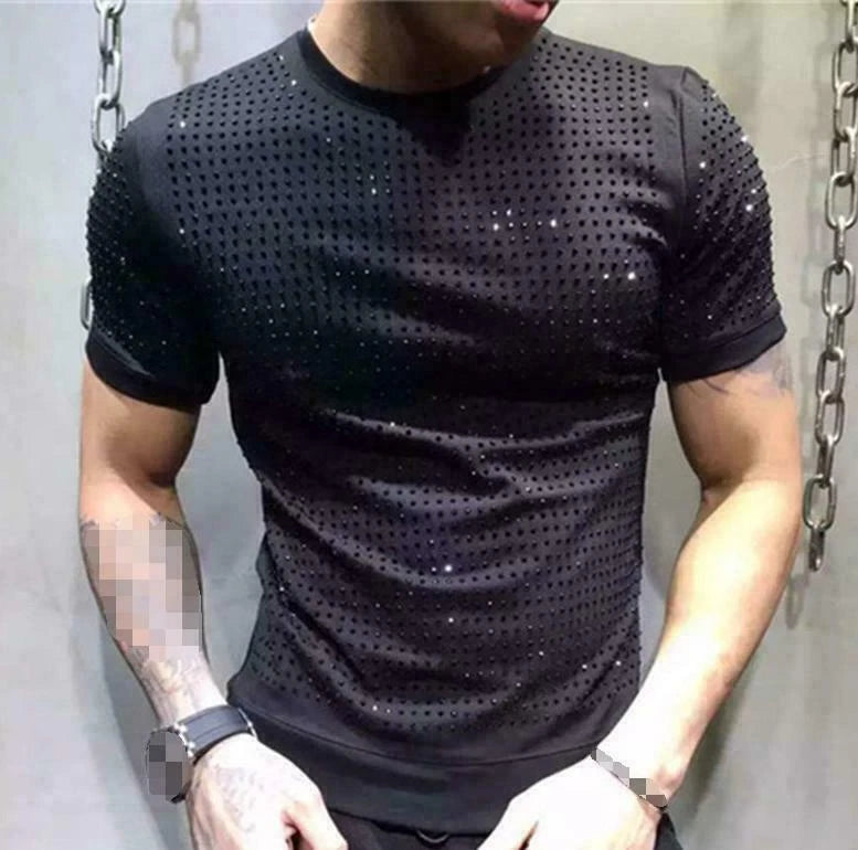 Men's Fashion Party Crew Neck Rhinestones Tops T-shirt Short Sleeve Shirt Rivets