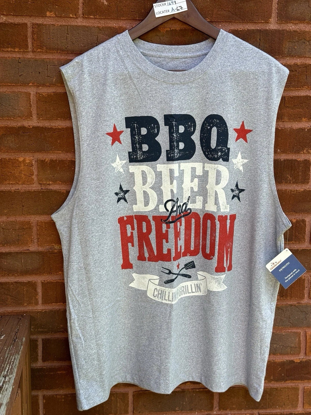Men's Sleeveless T-Shirt "Beer BBQ Freedom" Size XL (46/48) Gray Patriotic NEW.