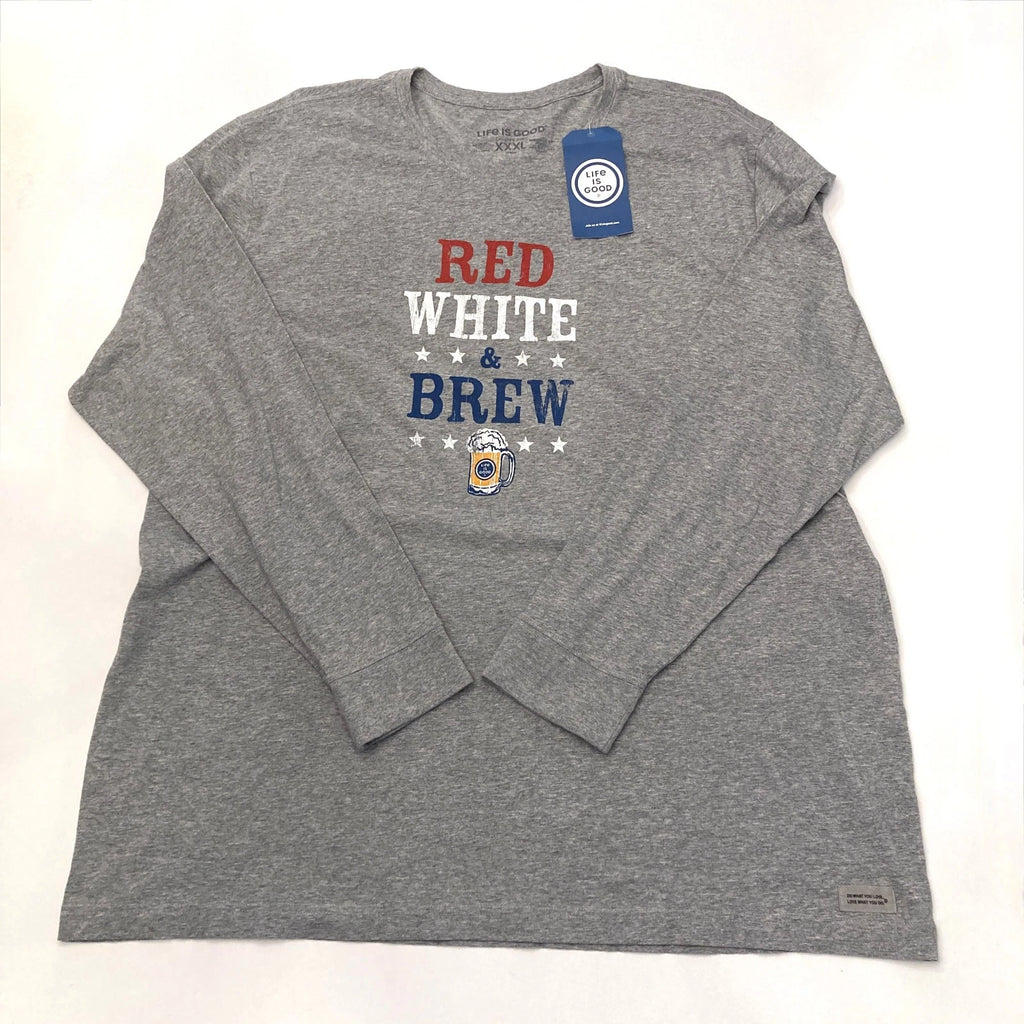 Life Is Good Mens 3XL Long Sleeve Crusher Gray Cotton Tee Shirt Red White & Brew